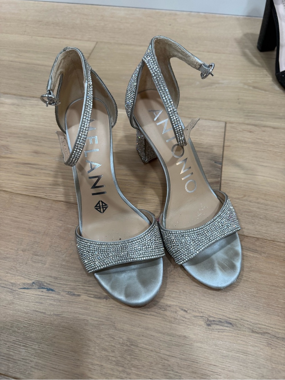 ANTONIO MELANI Silver Rhinestone Block Heel Sandals